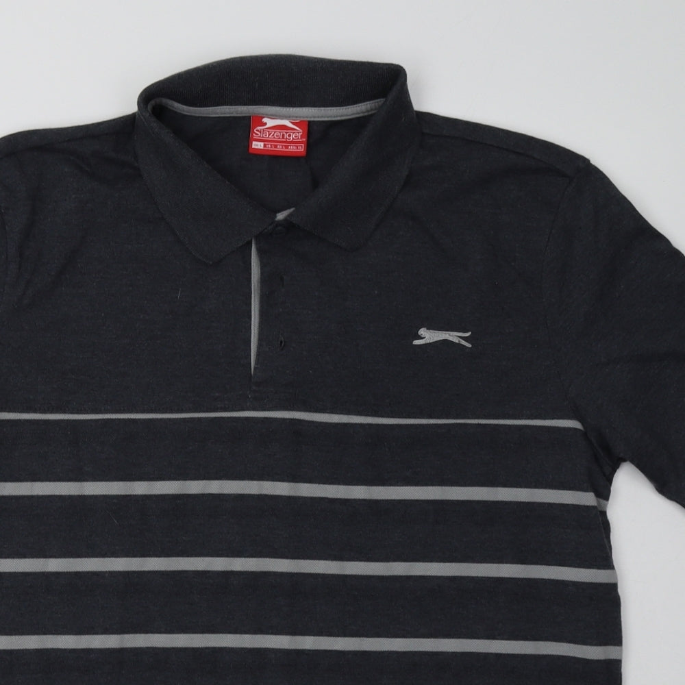 Slazenger Mens Grey Striped Polyester  Polo Size L Collared Button