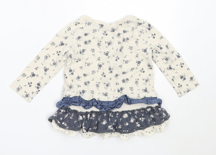 NEXT Girls Ivory Floral Cotton Fit & Flare Size 3-6 Months Round Neck
