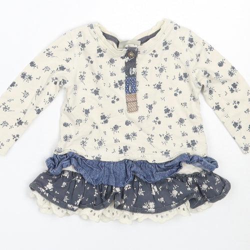 NEXT Girls Ivory Floral Cotton Fit & Flare  Size 3-6 Months  Round Neck