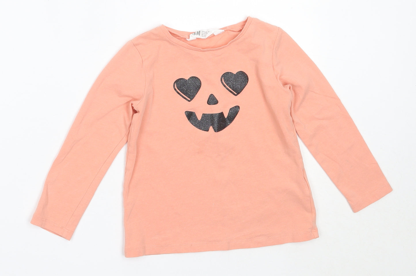 H&M Girls Pink  Cotton Basic T-Shirt Size 3-4 Years Round Neck  - Halloween Pumpkin