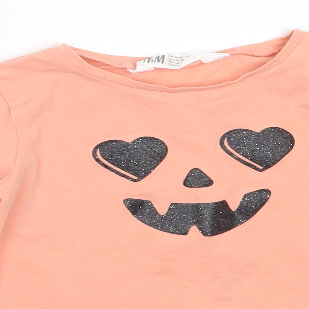 H&M Girls Pink  Cotton Basic T-Shirt Size 3-4 Years Round Neck  - Halloween Pumpkin