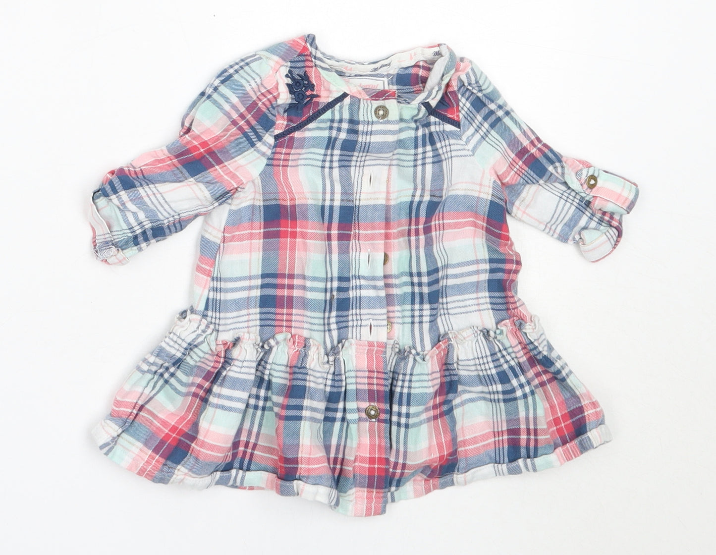 Mantaray Girls Blue Check Cotton Fit & Flare  Size 3-6 Months  Round Neck
