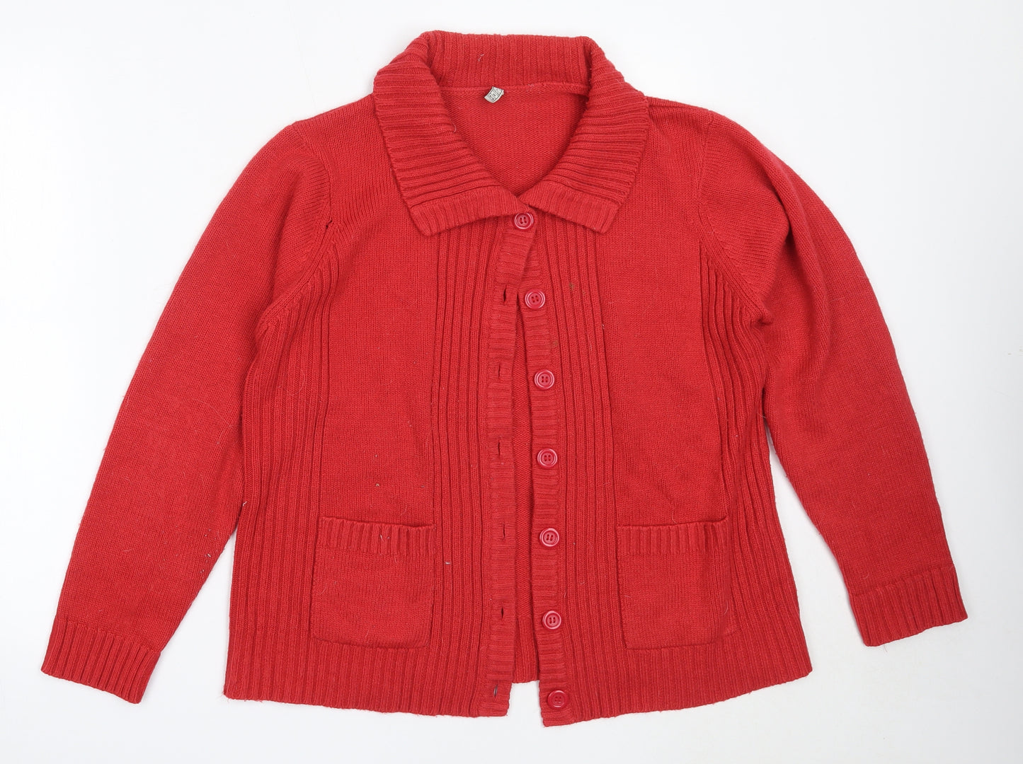 Preworn Womens Red Round Neck  Acrylic Cardigan Jumper Size 16