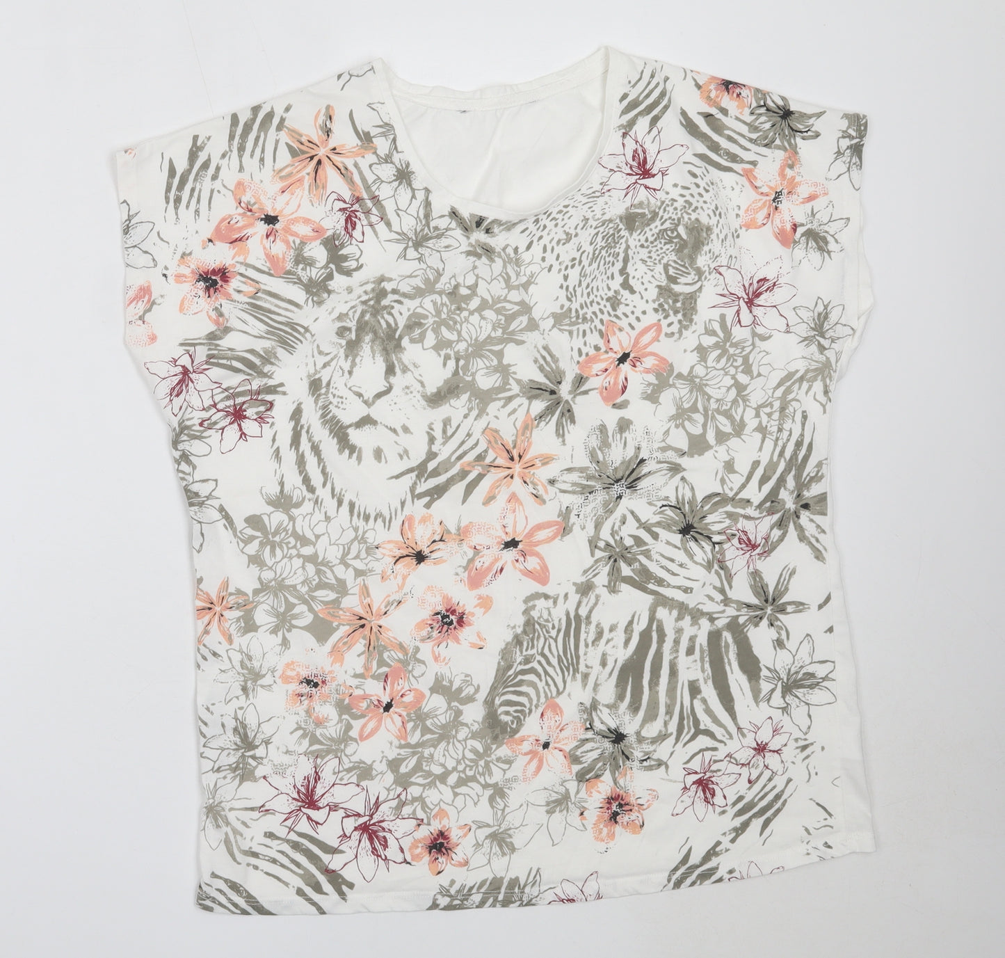 Preworn Womens White Floral Polyester Basic T-Shirt Size 16 Round Neck