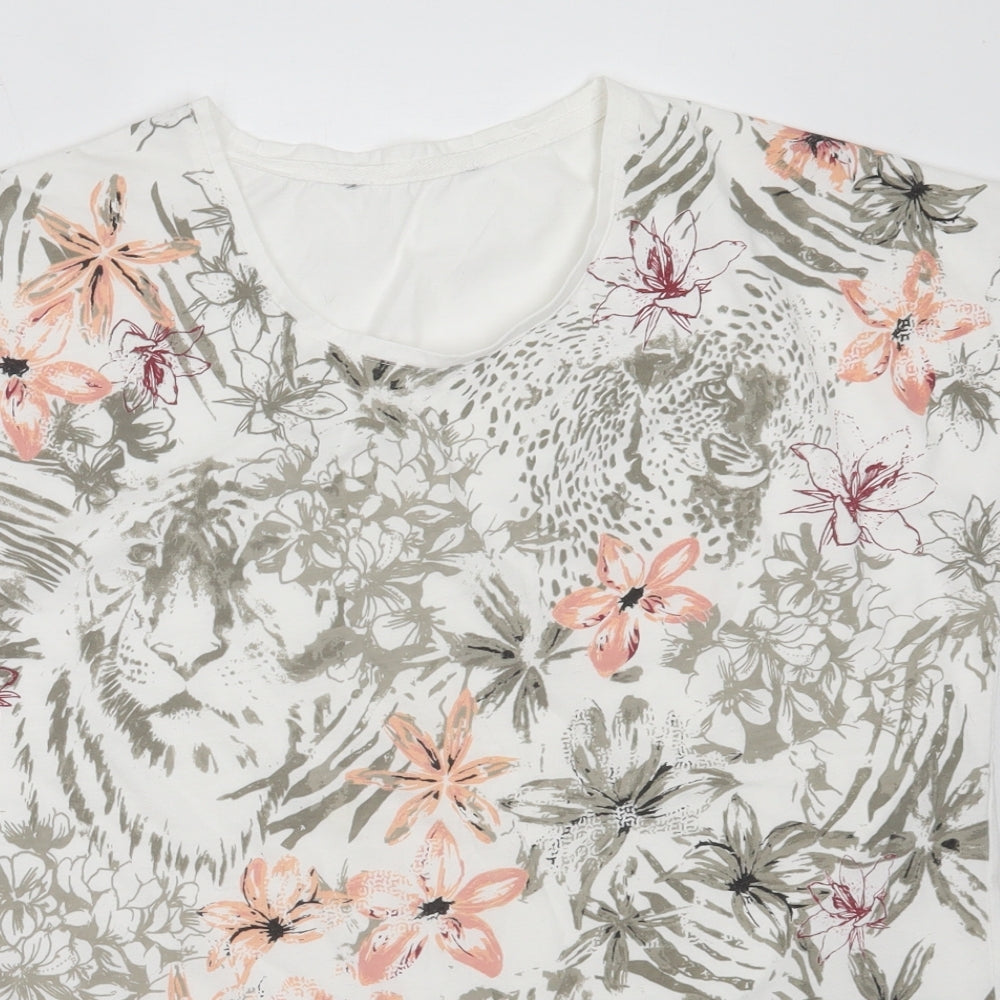Preworn Womens White Floral Polyester Basic T-Shirt Size 16 Round Neck