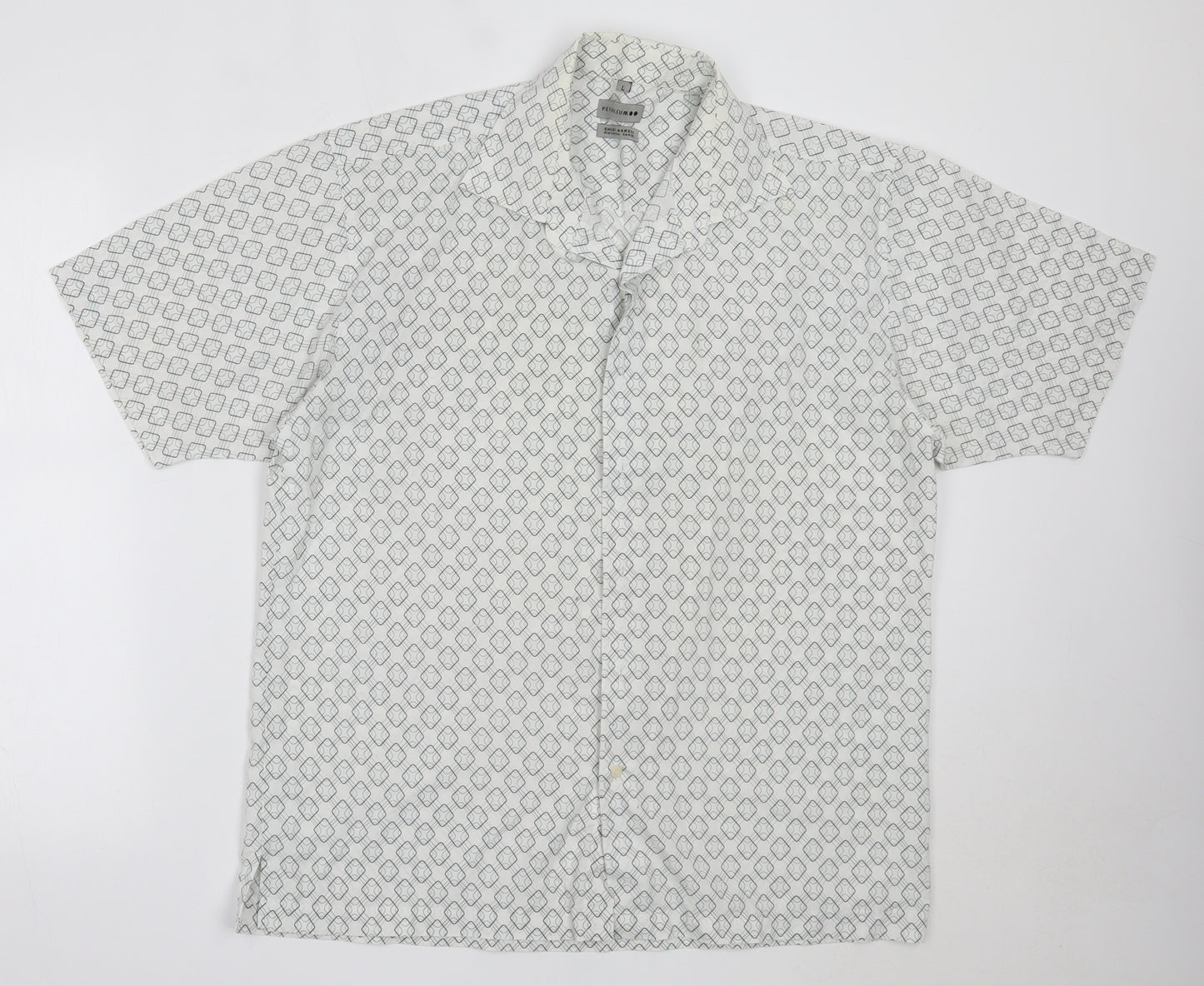 Petroleum Mens White Geometric Cotton  Button-Up Size L Collared