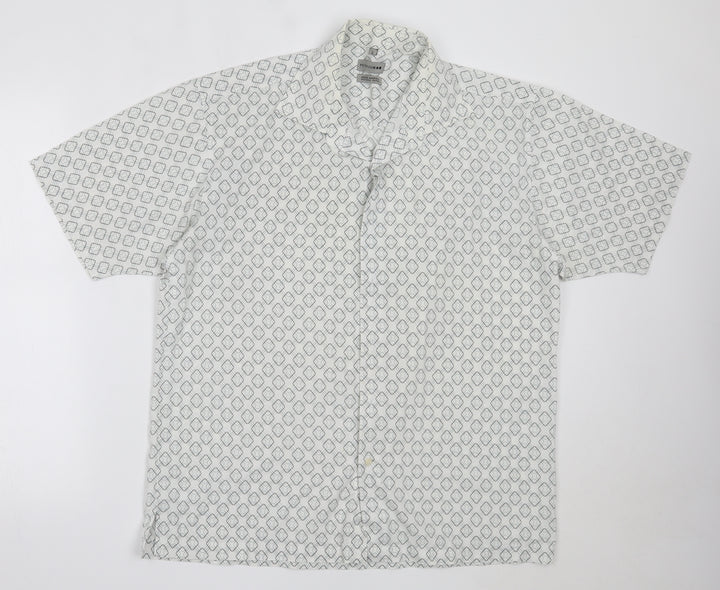Petroleum Mens White Geometric Cotton  Button-Up Size L Collared