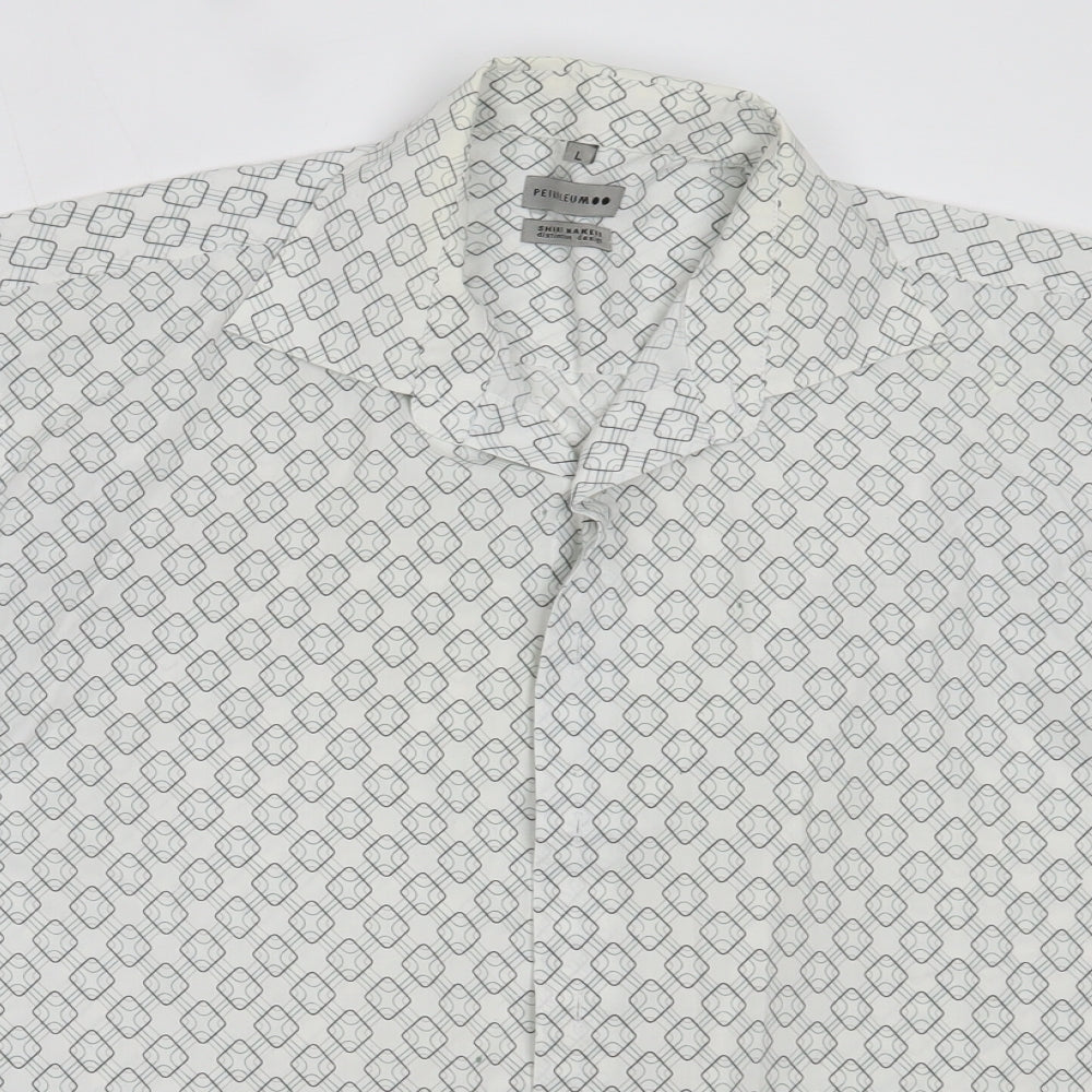 Petroleum Mens White Geometric Cotton  Button-Up Size L Collared