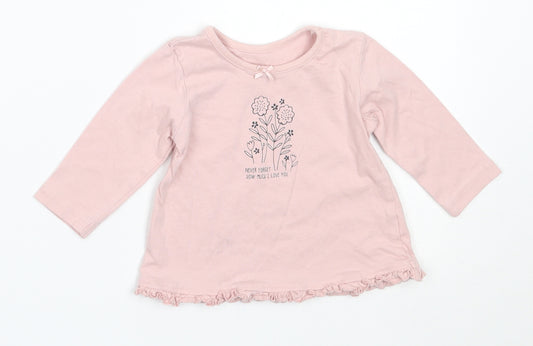 Front view of George girls’ pink cotton basic t-shirt, size 3-6, months round neck
