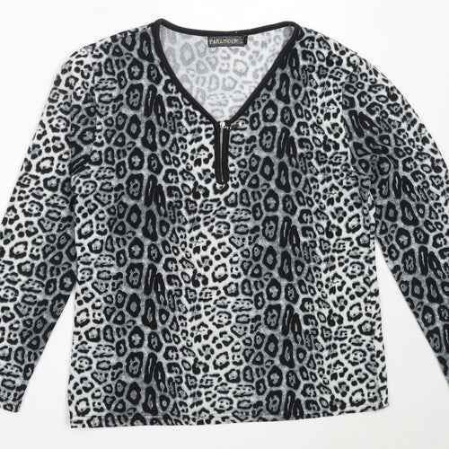 Paramour Womens Grey V-Neck Animal Print Polyester Pullover Jumper Size M