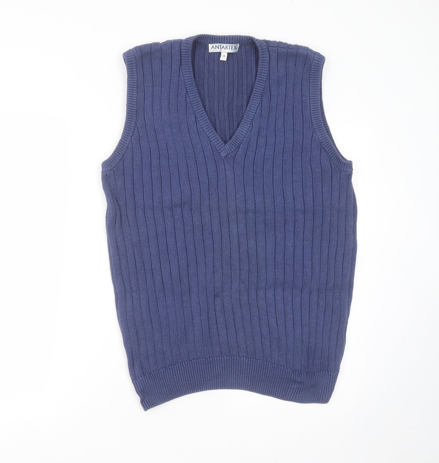 ANTARTEX Mens Blue V-Neck Striped Cotton Pullover Jumper Size M