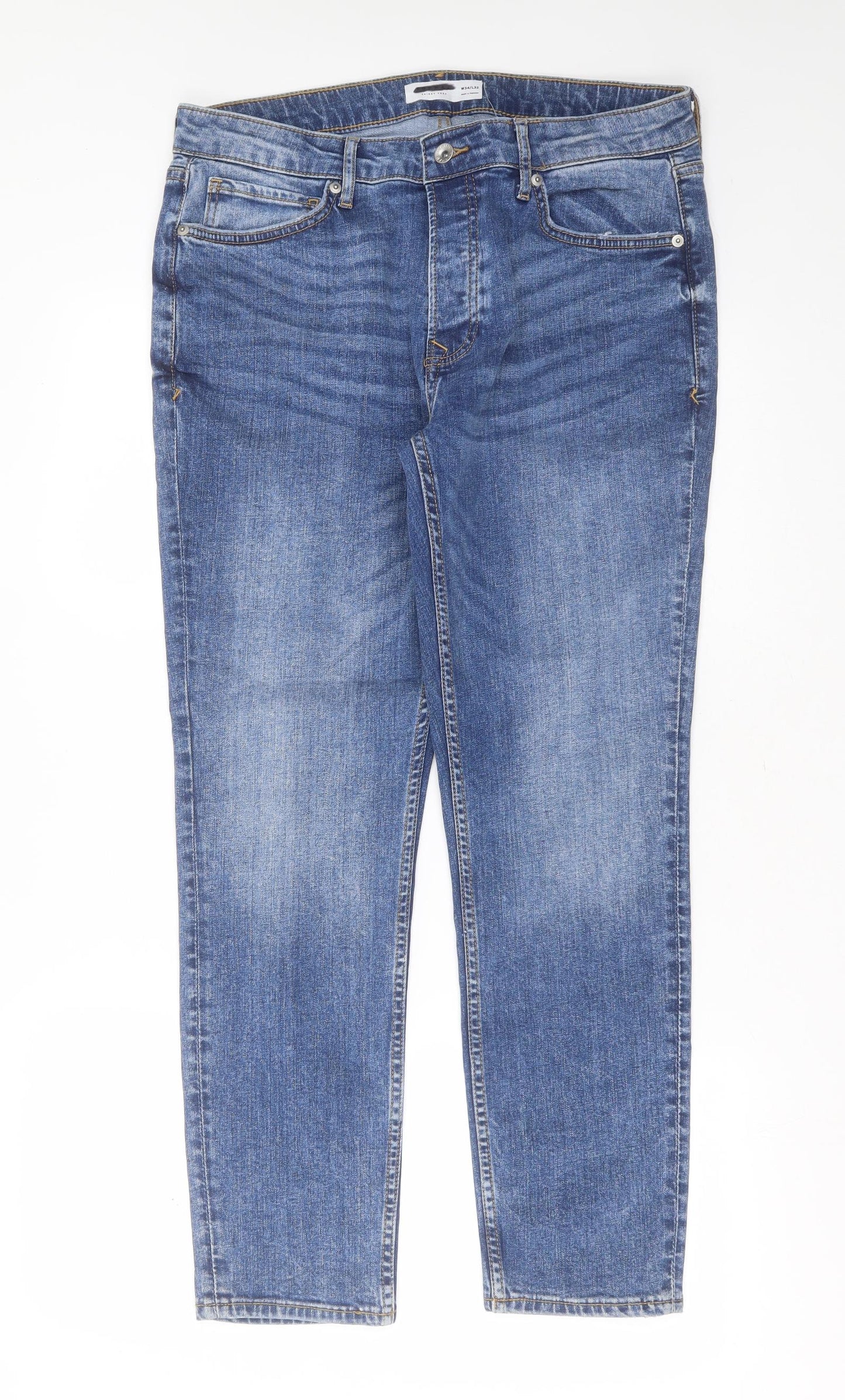 Topman Mens Blue  Cotton Skinny Jeans Size 34 in L28 in Extra-Slim Button - cropped leg
