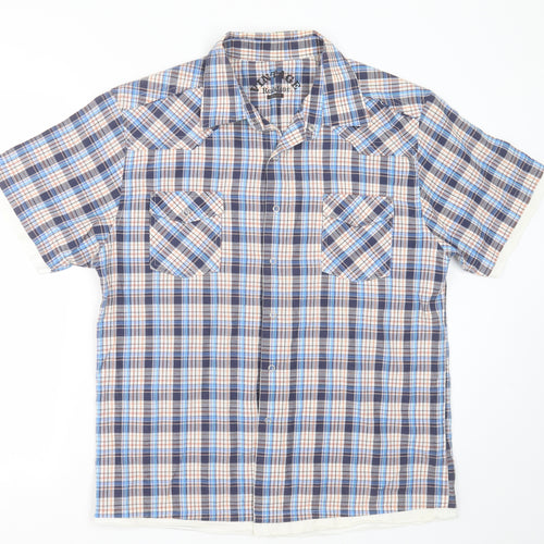Vintage Mens Blue Check Cotton  Button-Up Size L Collared Button