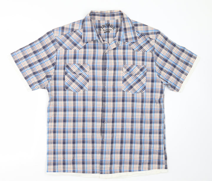 Vintage Mens Blue Check Cotton  Button-Up Size L Collared Button