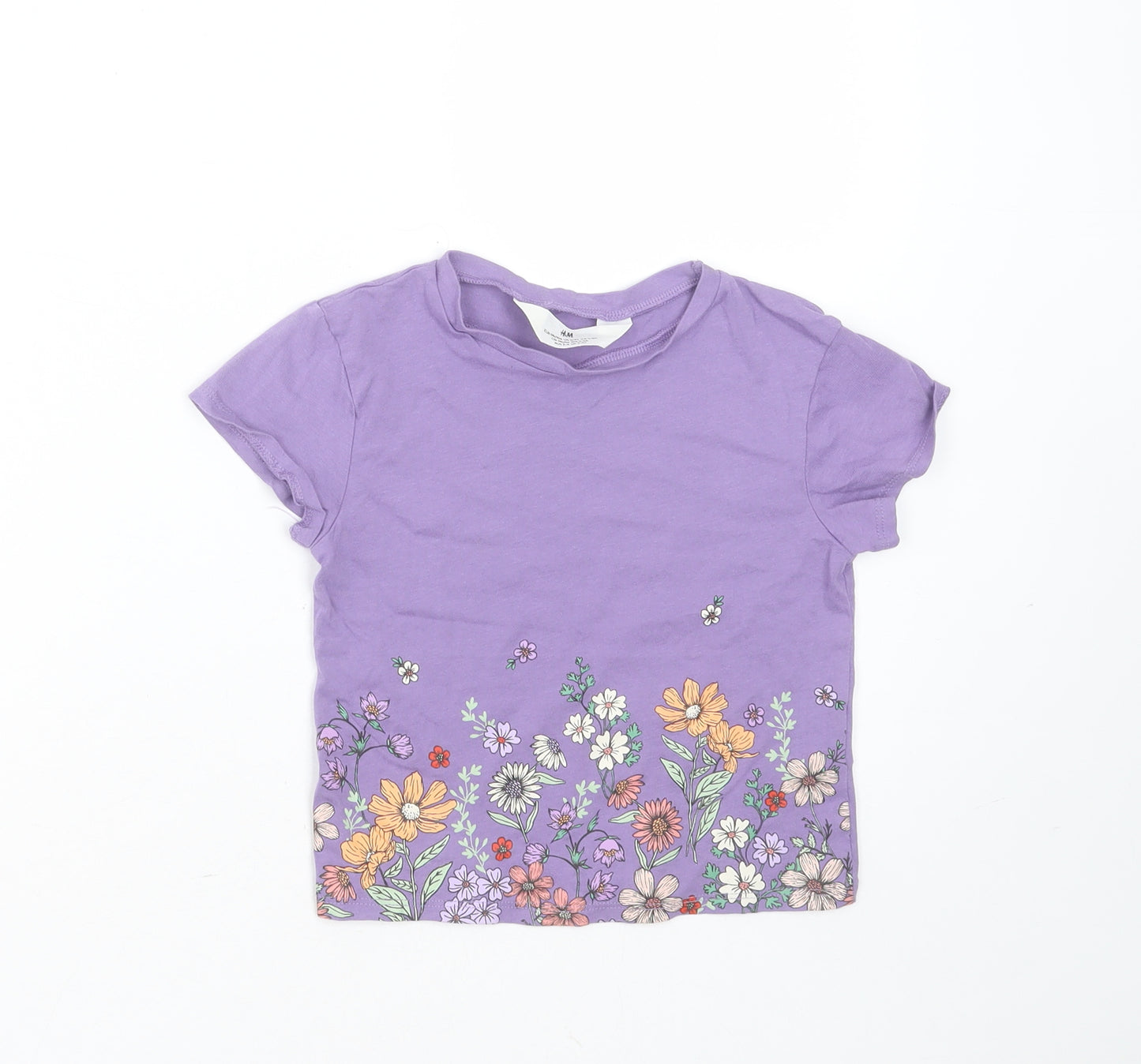 H&M Girls Purple Floral Cotton Basic T-Shirt Size 2-3 Years Round Neck