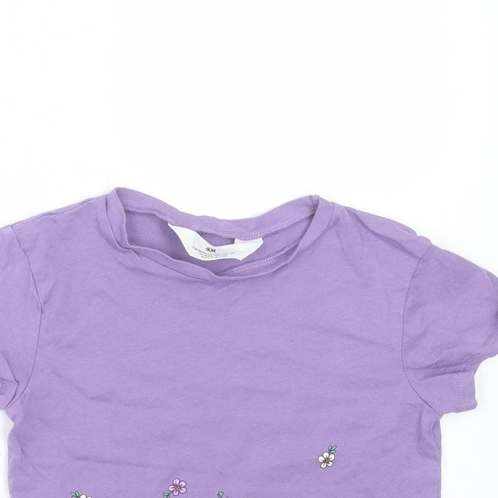 H&M Girls Purple Floral Cotton Basic T-Shirt Size 2-3 Years Round Neck