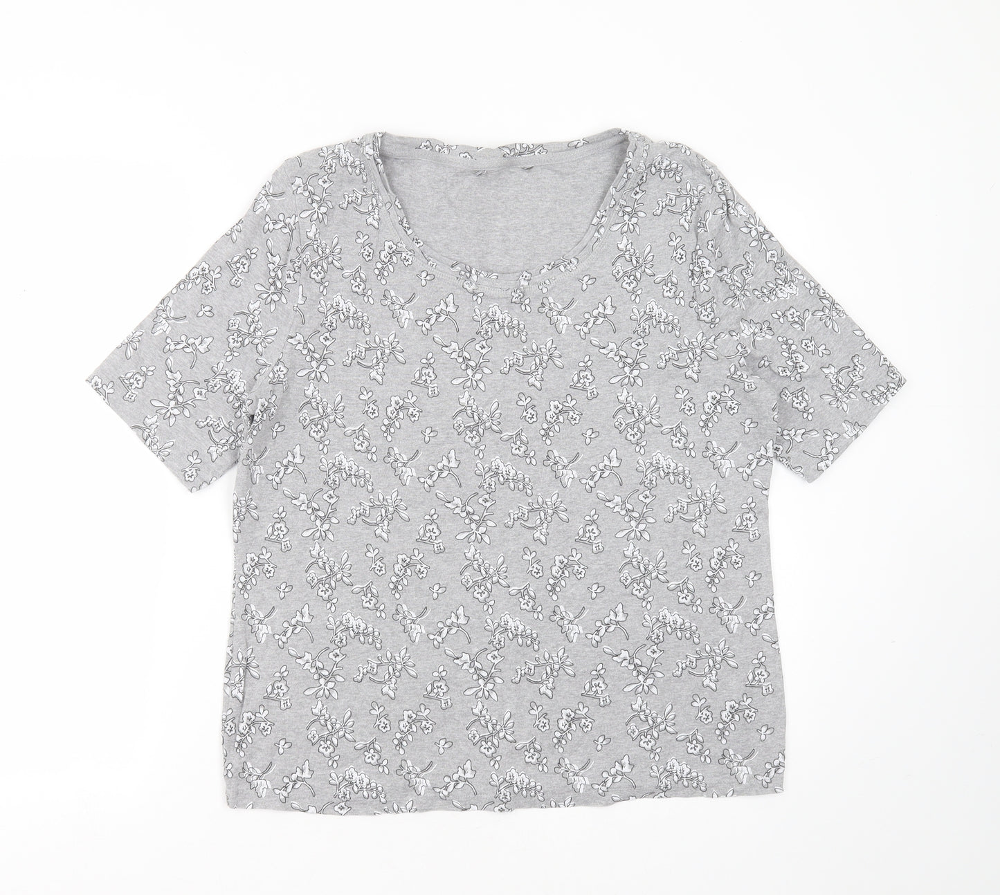 Preworn Womens Grey Floral Cotton Basic T-Shirt Size 16 Round Neck
