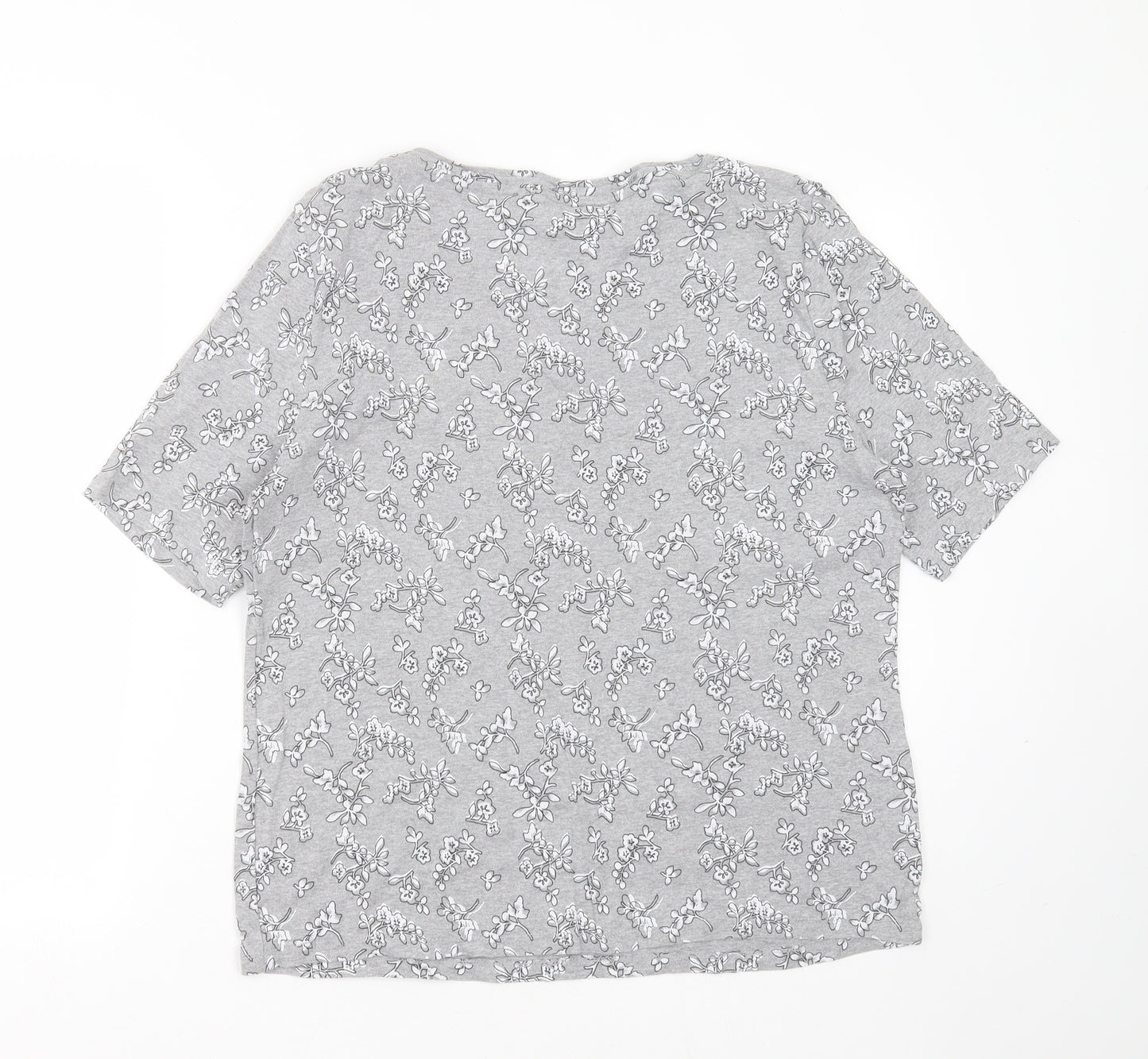 Preworn Womens Grey Floral Cotton Basic T-Shirt Size 16 Round Neck