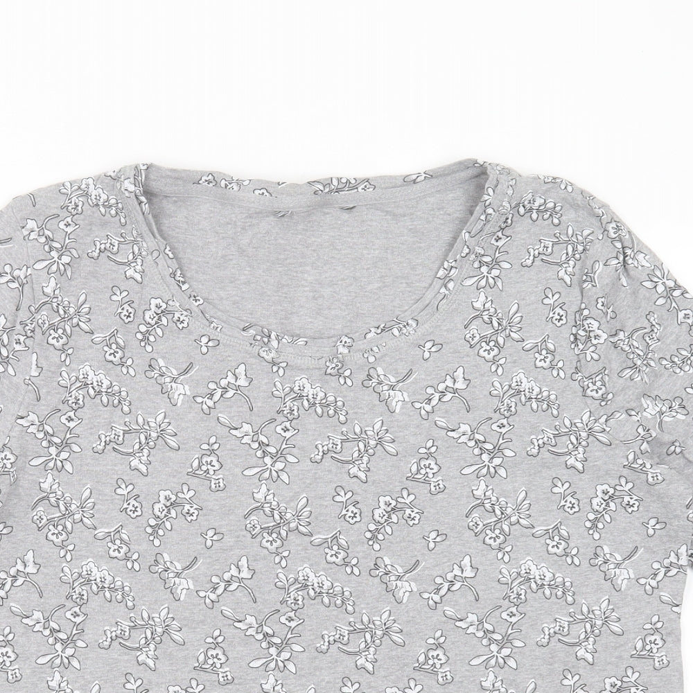 Preworn Womens Grey Floral Cotton Basic T-Shirt Size 16 Round Neck