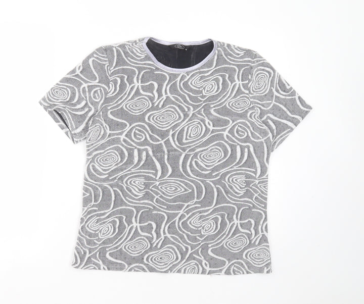 BM Womens Grey Geometric Nylon Basic T-Shirt Size 14 Round Neck