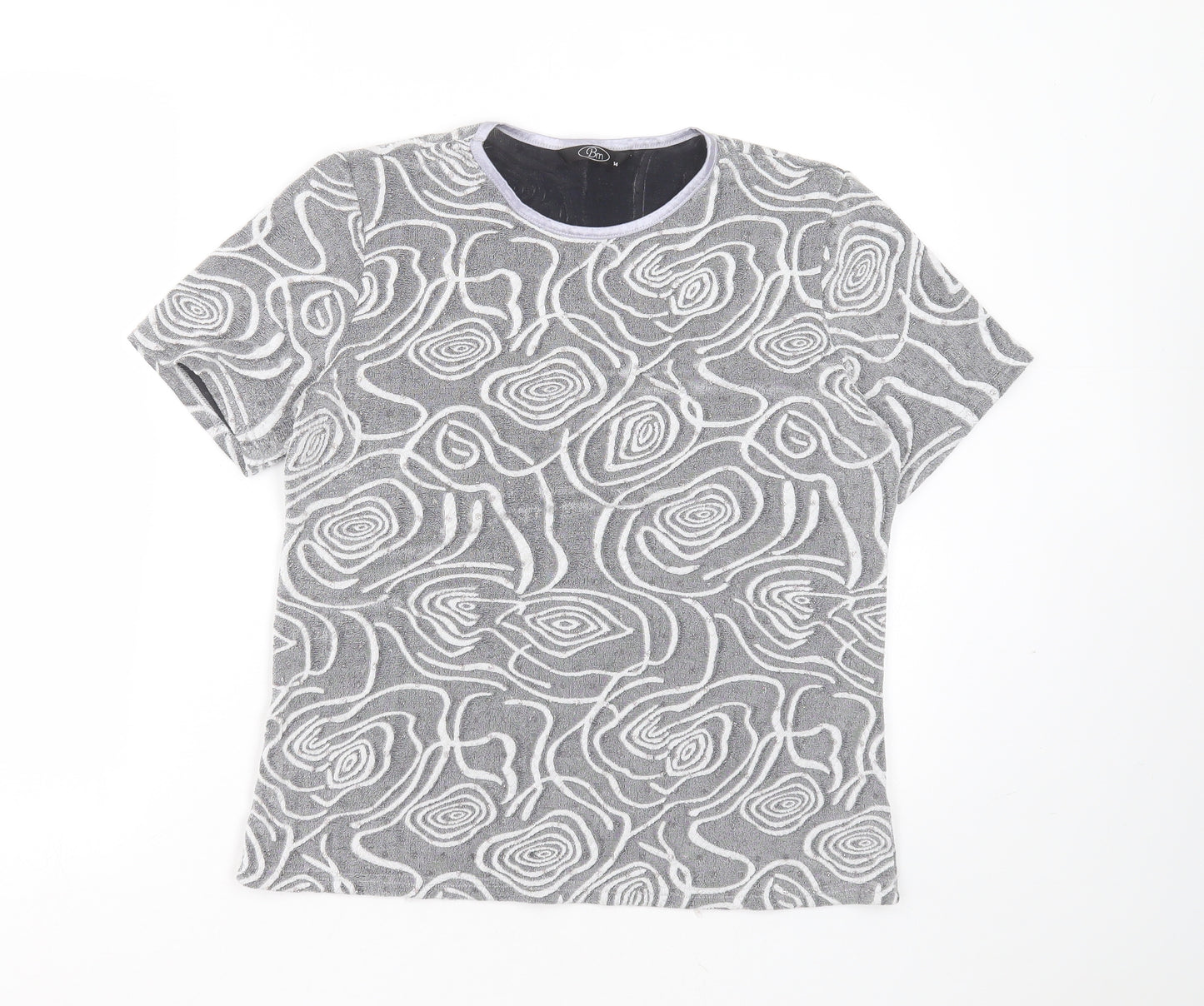 BM Womens Grey Geometric Nylon Basic T-Shirt Size 14 Round Neck