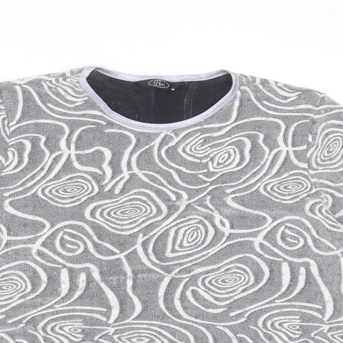 BM Womens Grey Geometric Nylon Basic T-Shirt Size 14 Round Neck