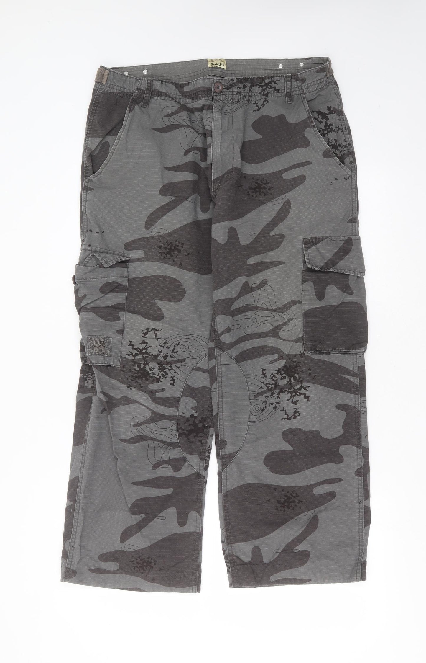 DENIM73 Mens Grey Camouflage Cotton Cargo Trousers Size 36 in L29 in Regular Zip