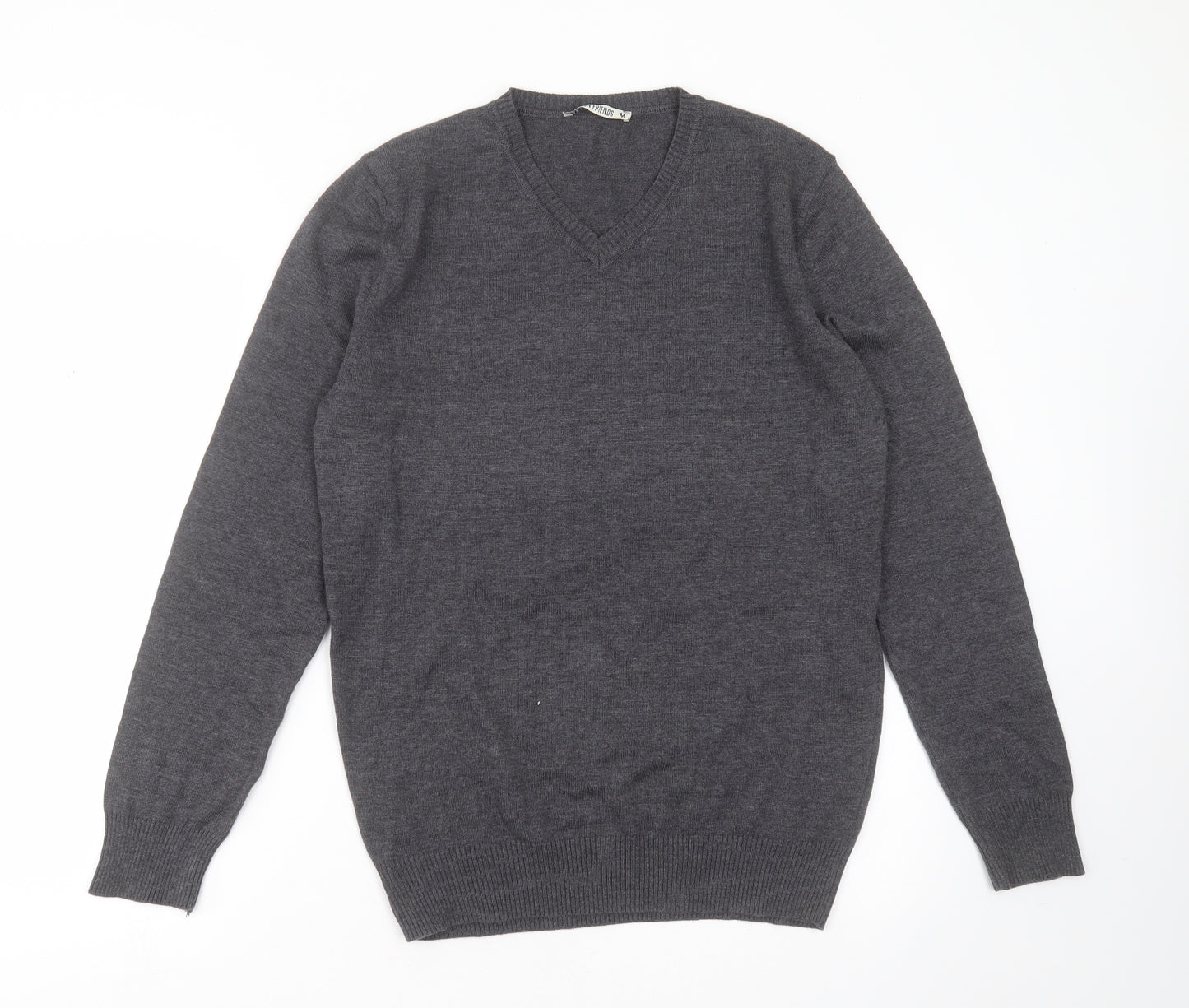 Fashion Friends Mens Grey V-Neck  Cotton Pullover Jumper Size M