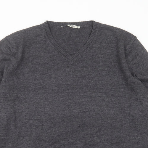 Fashion Friends Mens Grey V-Neck  Cotton Pullover Jumper Size M