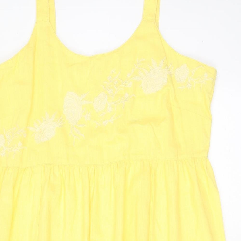 NEXT Womens Yellow Floral Linen Shift  Size 20  Round Neck  - Floral embroidery