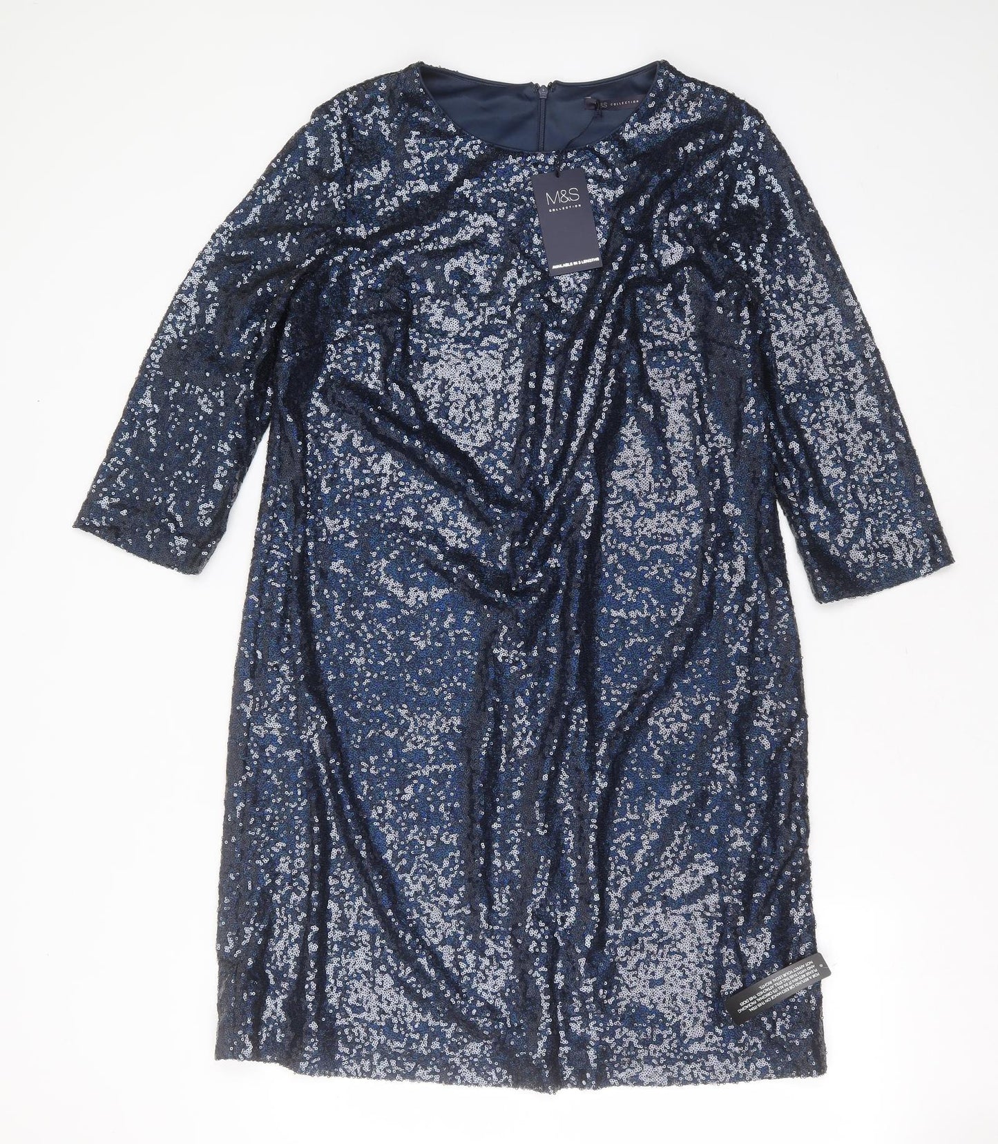Marks and Spencer Womens Blue  Polyester Shift  Size 16  Round Neck  - sequins