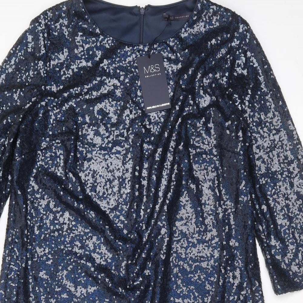 Marks and Spencer Womens Blue  Polyester Shift  Size 16  Round Neck  - sequins