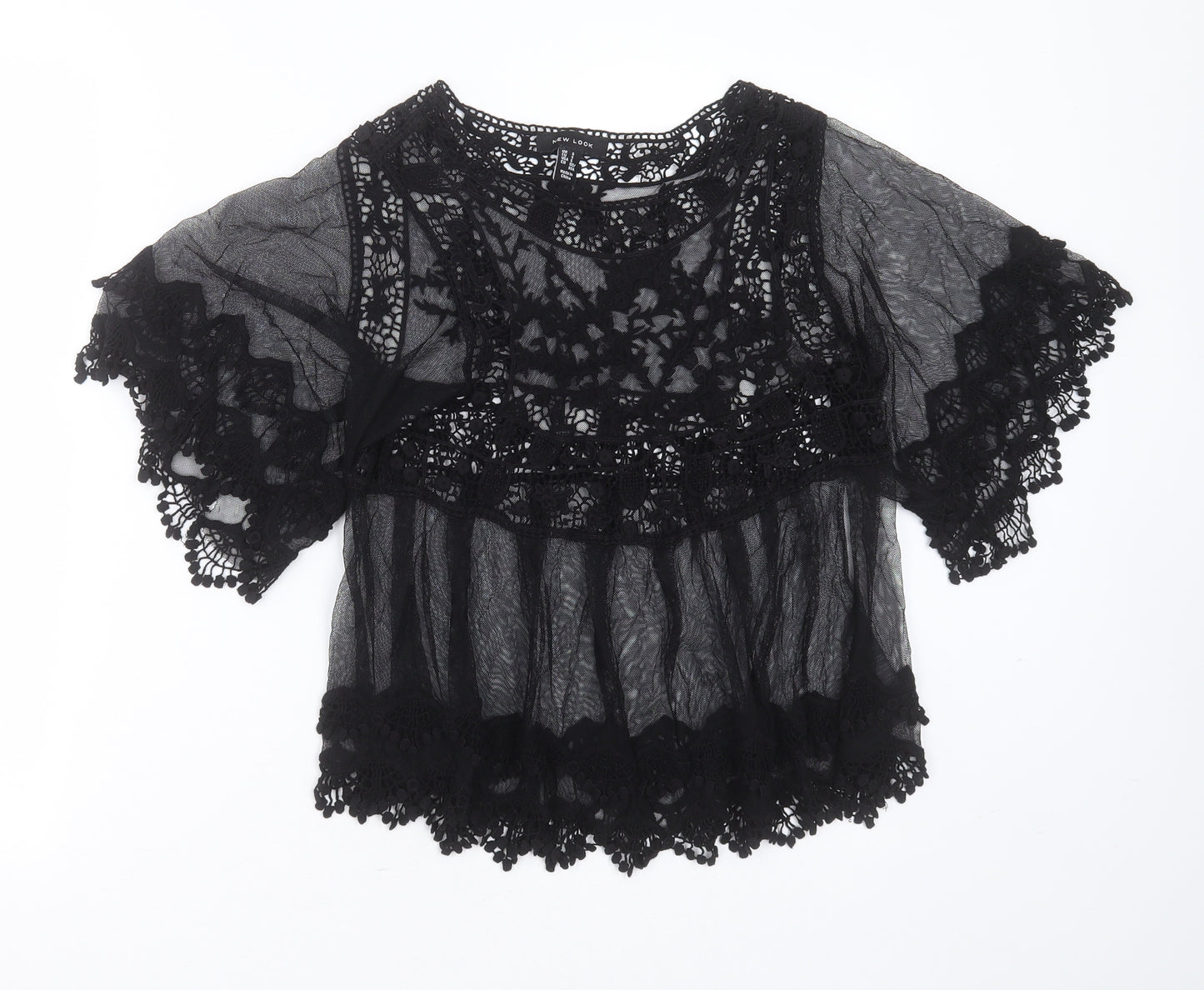 New Look Womens Black Floral Nylon Basic Blouse Size S Round Neck - Embroidered detail, sheer