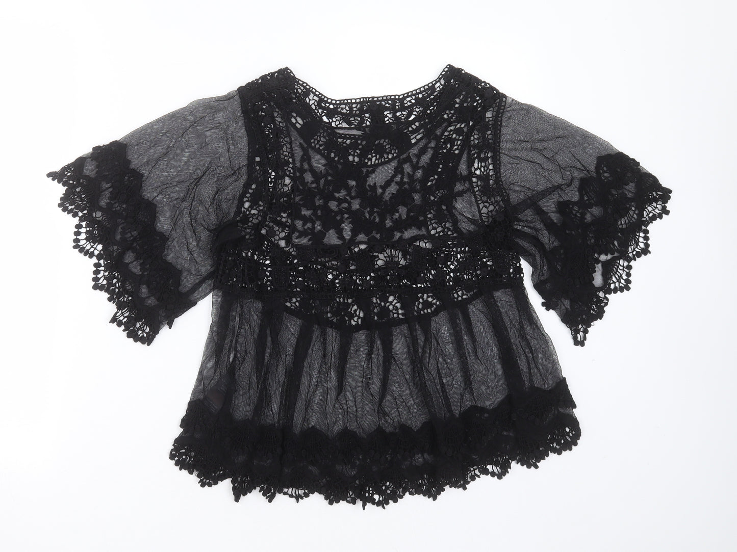 New Look Womens Black Floral Nylon Basic Blouse Size S Round Neck - Embroidered detail, sheer