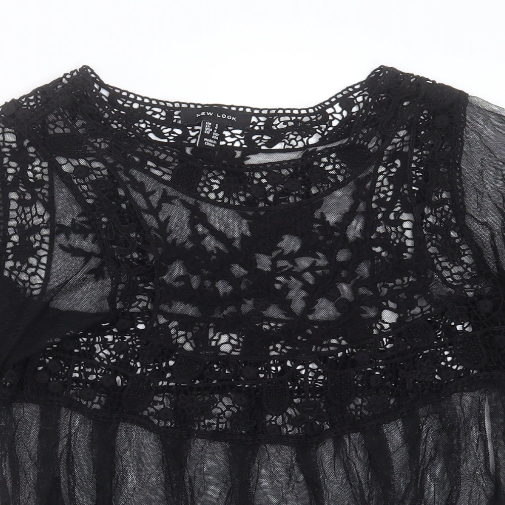 New Look Womens Black Floral Nylon Basic Blouse Size S Round Neck - Embroidered detail, sheer