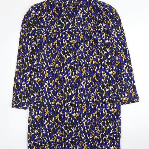 M&S Womens Blue Animal Print Polyester Shift  Size 10  Round Neck Button - Leopard print