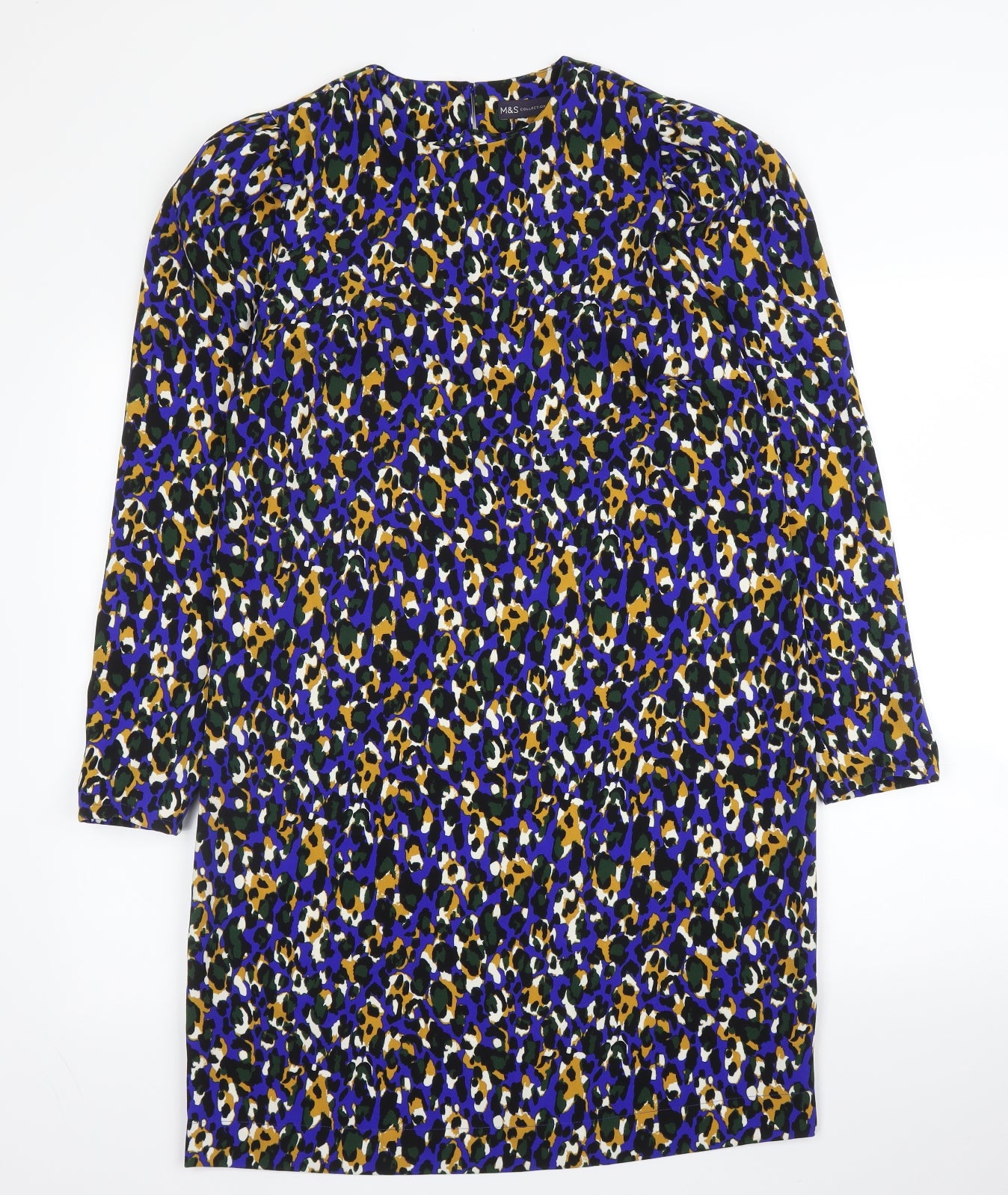 M&S Womens Blue Animal Print Polyester Shift  Size 10  Round Neck Button - Leopard print