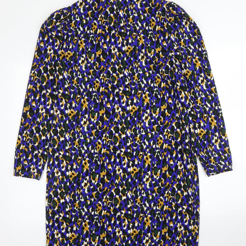 M&S Womens Blue Animal Print Polyester Shift  Size 10  Round Neck Button - Leopard print