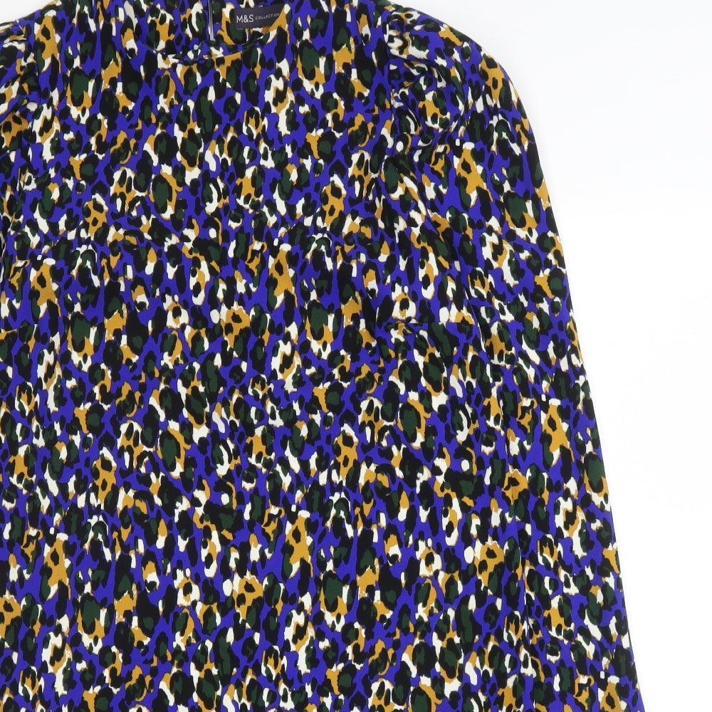 M&S Womens Blue Animal Print Polyester Shift  Size 10  Round Neck Button - Leopard print