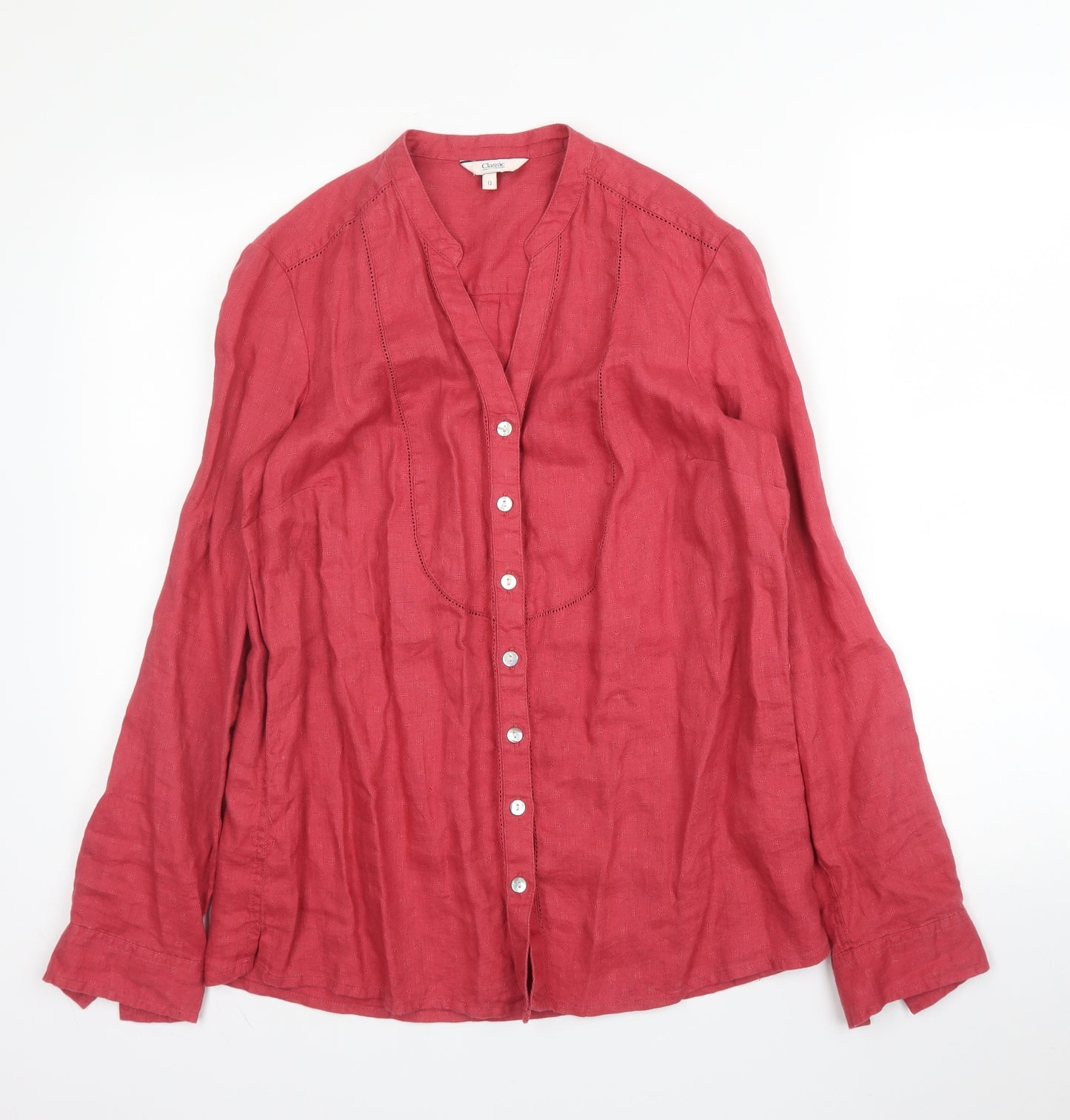 M&S Womens Pink  Linen Basic Blouse Size 12 V-Neck