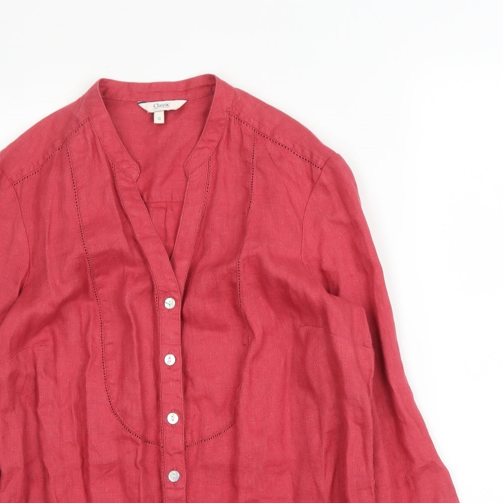 M&S Womens Pink  Linen Basic Blouse Size 12 V-Neck