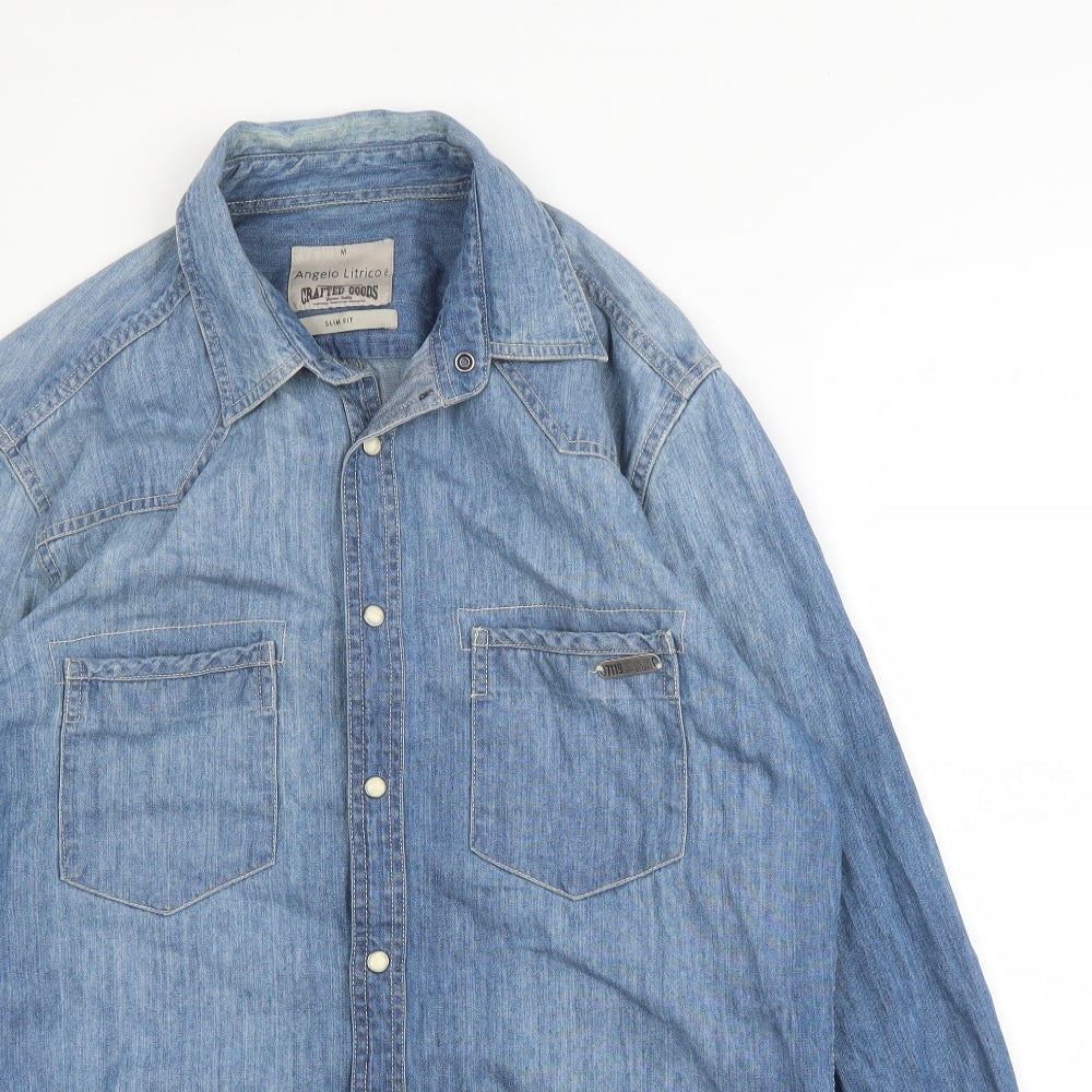 Angelo Litrico Mens Blue  Cotton  Button-Up Size M Collared Button