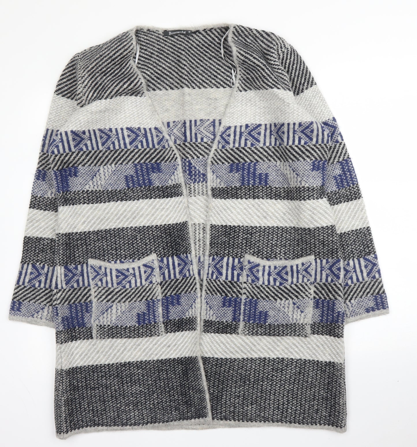 Bonmarché Womens Grey V-Neck Geometric Acrylic Cardigan Jumper Size M