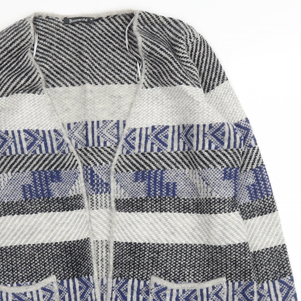 Bonmarché Womens Grey V-Neck Geometric Acrylic Cardigan Jumper Size M