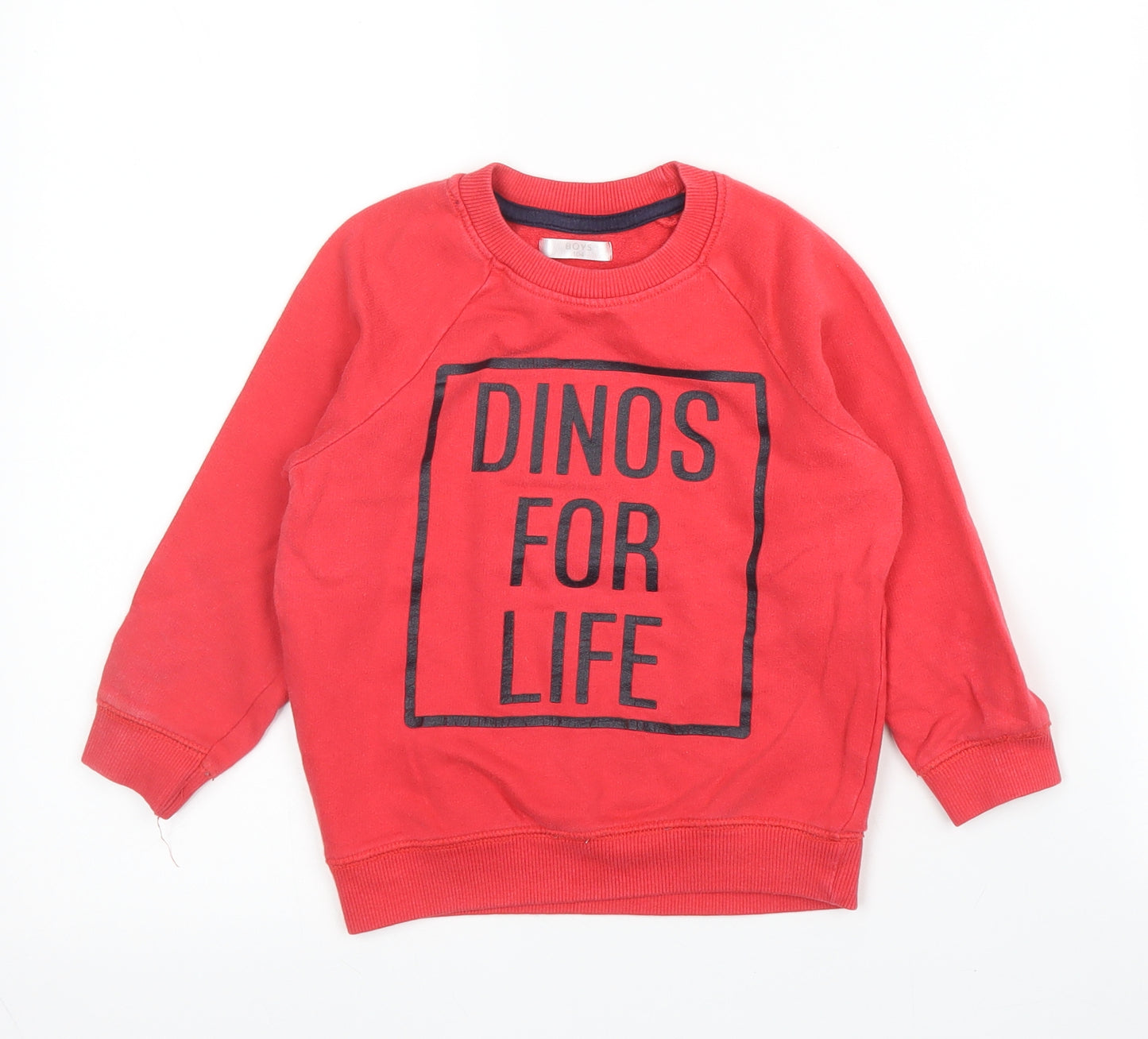 Preworn Boys Red Round Neck  Cotton Pullover Jumper Size 3 Years   - Dinosaur