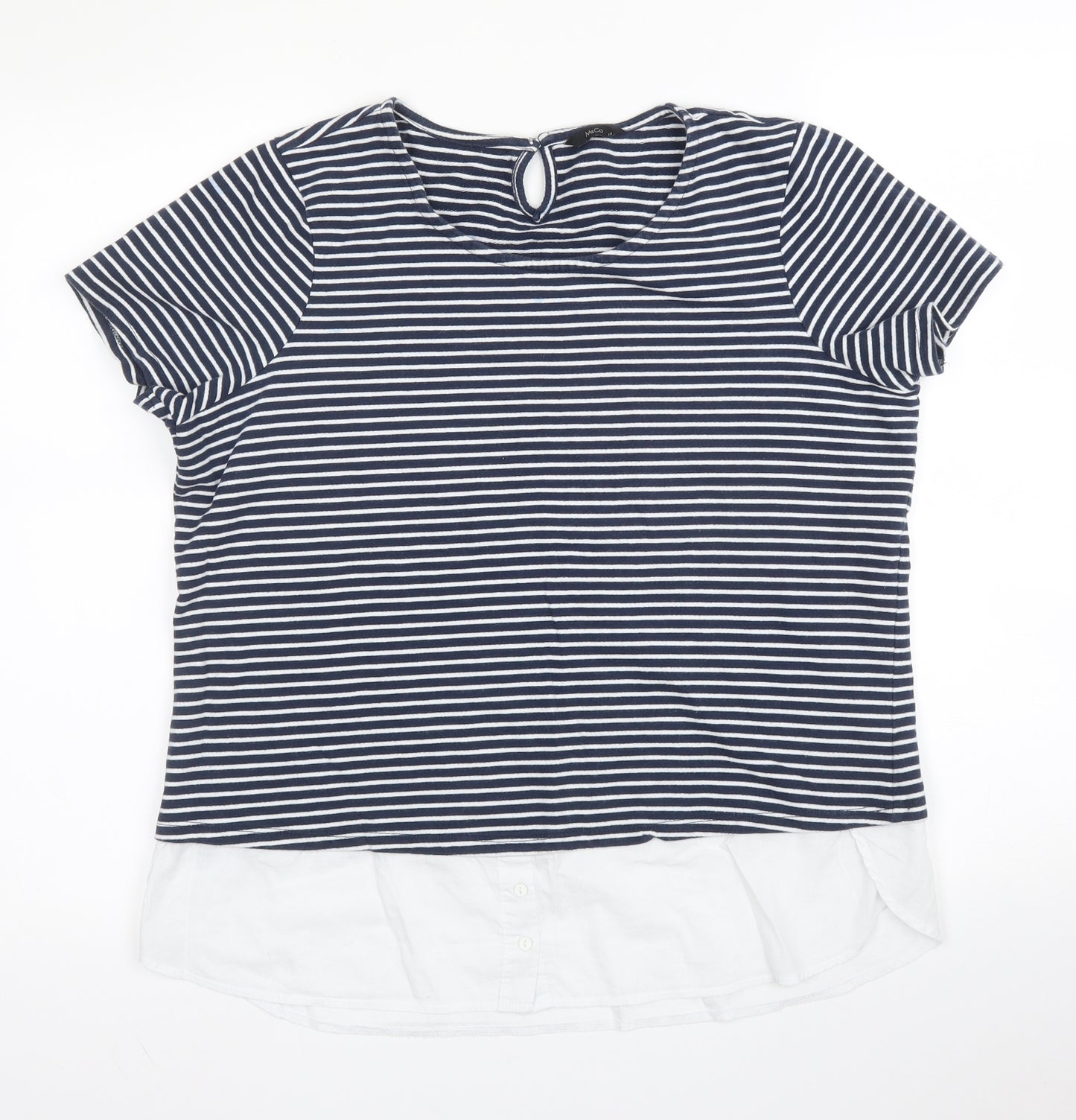 M&Co Womens Blue Striped Cotton Basic Blouse Size 14 Round Neck