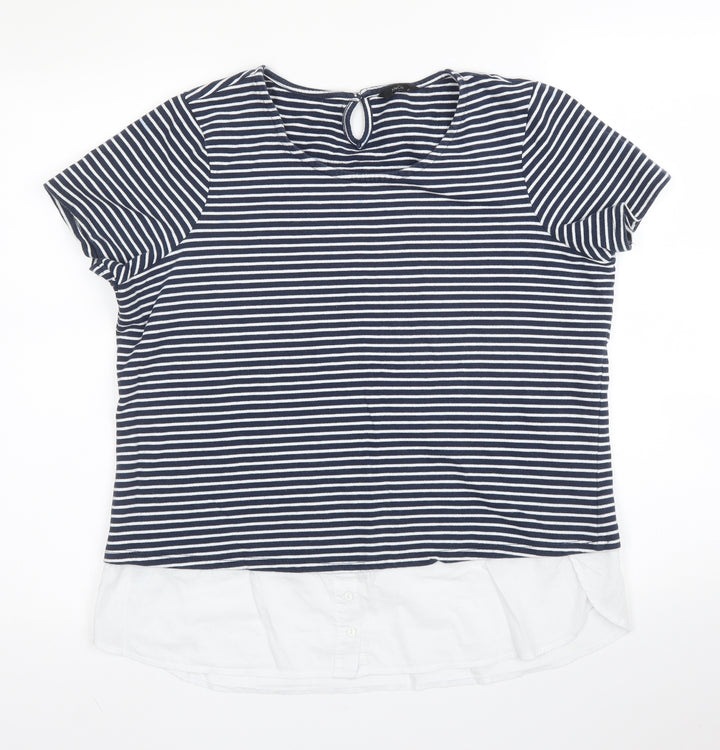 M&Co Womens Blue Striped Cotton Basic Blouse Size 14 Round Neck