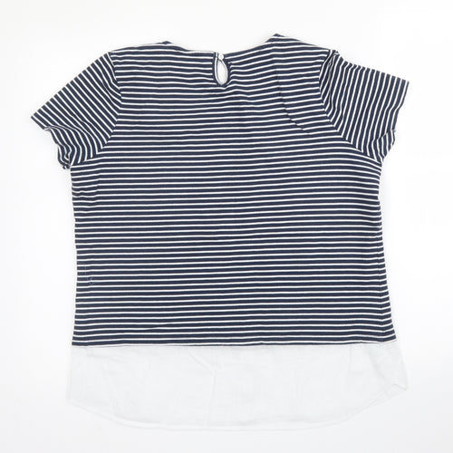 M&Co Womens Blue Striped Cotton Basic Blouse Size 14 Round Neck