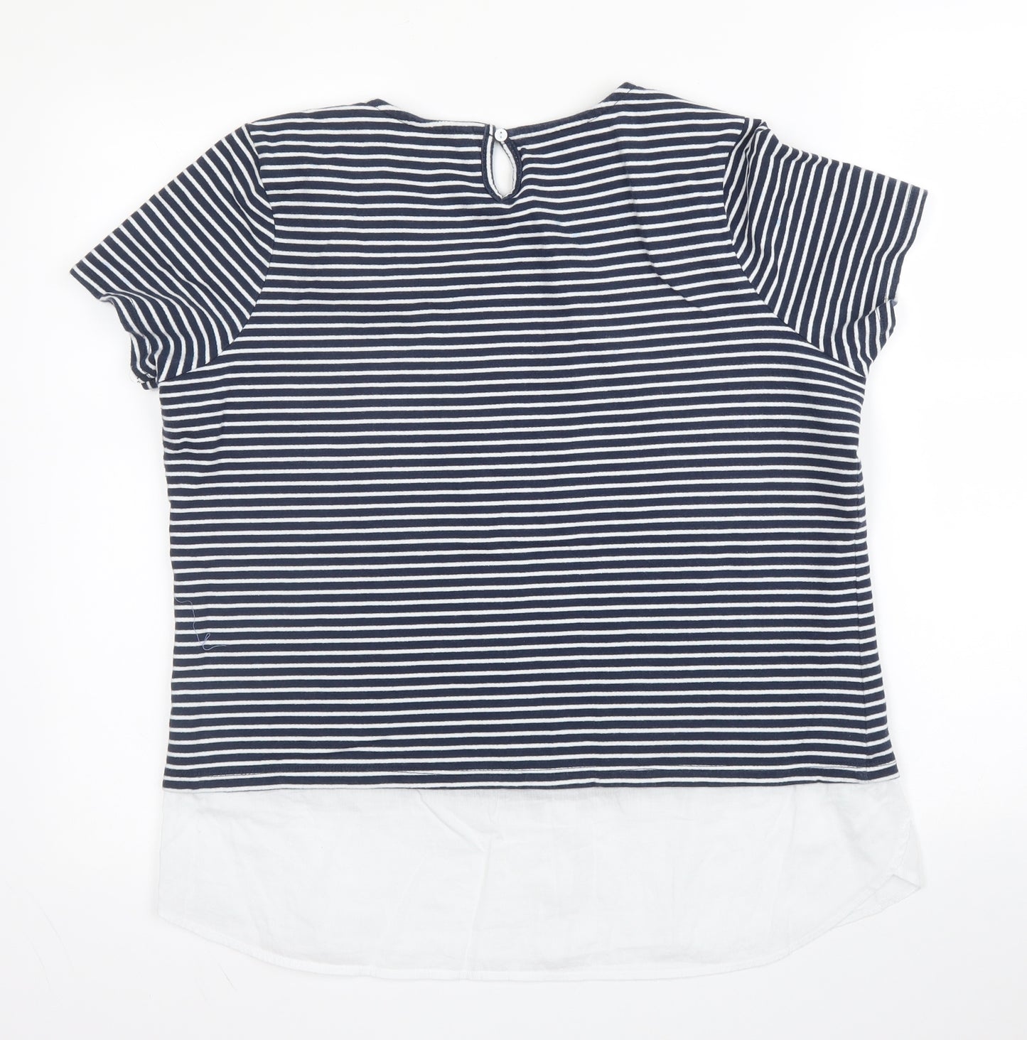 M&Co Womens Blue Striped Cotton Basic Blouse Size 14 Round Neck