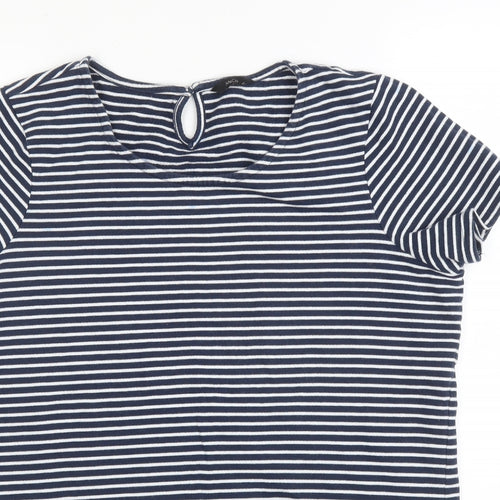M&Co Womens Blue Striped Cotton Basic Blouse Size 14 Round Neck